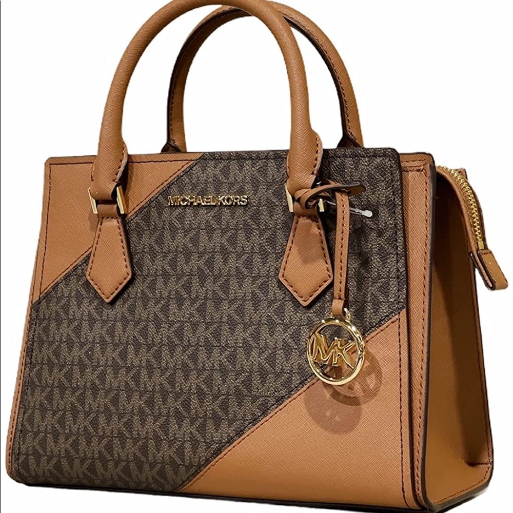 Michael Kors- Hope Medium Messenger Small Satchel Brown MK Signature Colourblock